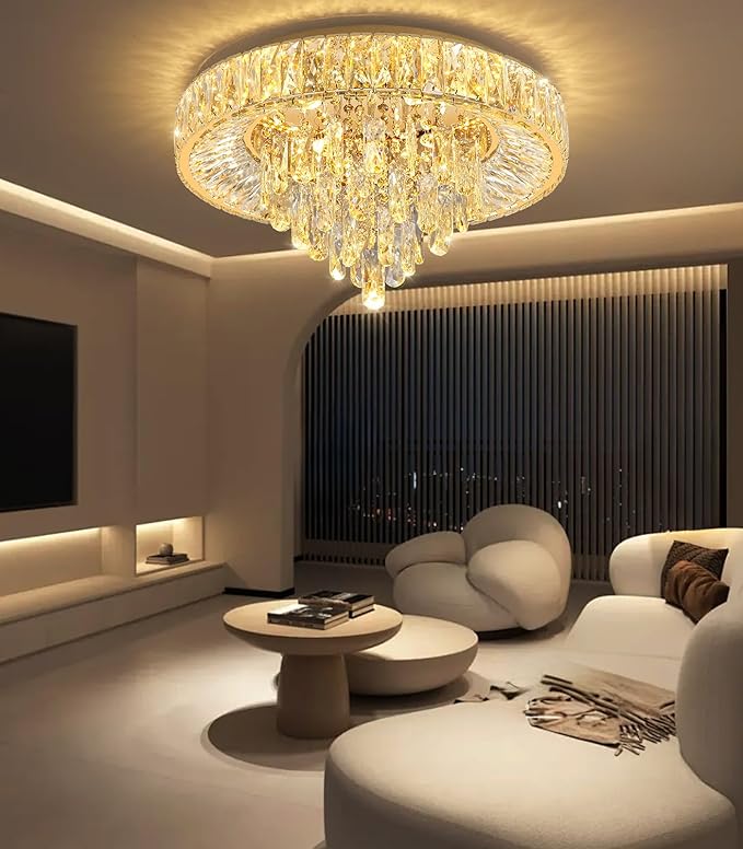 Modern Crystal Chandeliers for Dining Room LED Light Fixture Close to Ceiling Chandelier Flush Mount Ceiling Light Dimmable Lamp with Remote for Living Room Bedroom Hallway-Ruum Studio Home