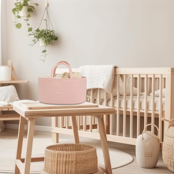 Diaper Caddy Organizer Cotton Rope Baby Basket Nursery Storage and Portable Tote Bag for Car Ideal Baby Shower Gifts and Registry Must-Have for Newborn Essentials large coral pink-Ruum Studio Home