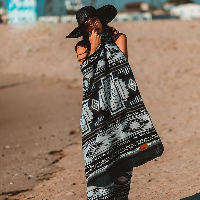 Off the Grid Inca Aztec Throw Blanket | Southwest Indian Navajo Boho Style | Native Woven Western Cover for Camping, Bedding, Couch (King, Cotopaxi Slate)-Ruum Studio Home