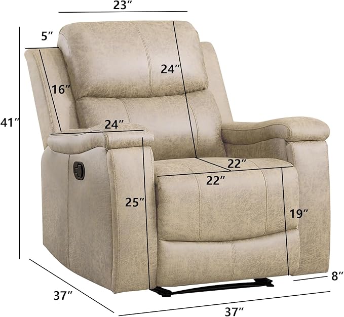 EBELLO Recliner Chair, Single Overstuffed Sofa Recliner, Breathable Faux Leather Manual Reclining Chairs with Hidden Cup Holder, Arm and Back for Adults, Living Room, Bedroom, Beige-Ruum Studio Home
