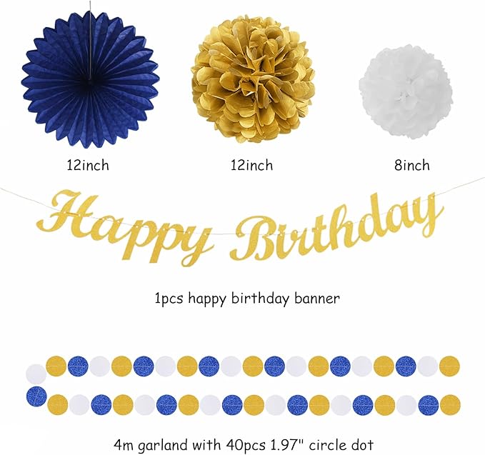Navy-Blue Gold Birthday Party-Decorations Paper-Flowers - 14pcs Happy Banner Royal Lanterns Tissue Pom Poms,Men Streamers Garland Fans Honeycomb,Teen Boys Male Kids Hanging Supplies Decor Hugfond-Ruum Studio Home
