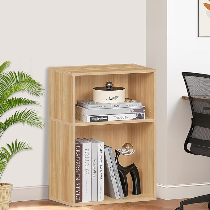 LEYAOYAO 2 Cube Bookshelf,Natural Record Player Stand Holds up to 100 Albums, Mini Wood Book Shelf Storage Organizer,Turntable Stand with Vinyl Storage Cabinet, Narrow Open Bookcase for Small Spaces-Ruum Studio Home