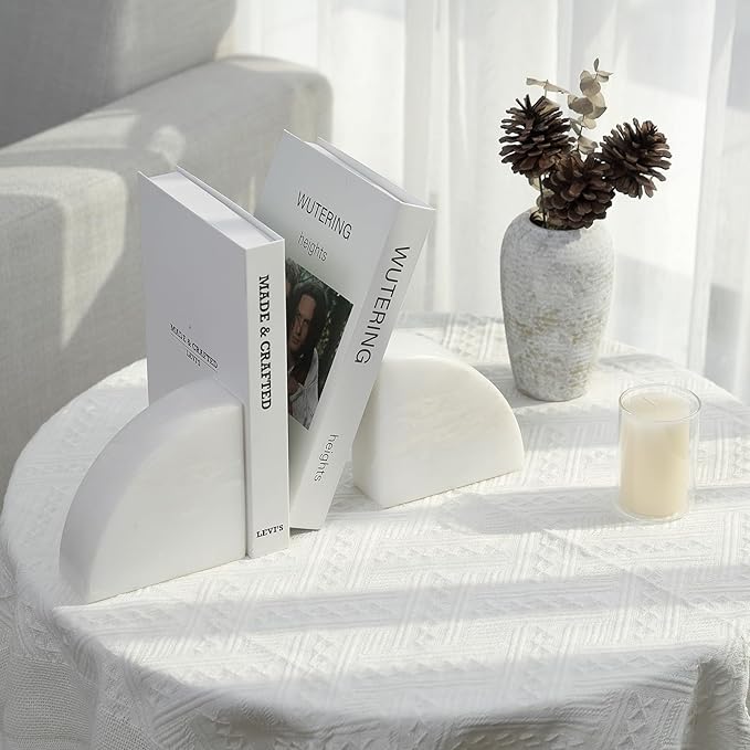 Marble Bookend for Shelves, Non-Skid Bookends for Heavy Books, Heavy Duty Book Stopper for CDs, Luxury Book Shelf Holder, Quarter Circle Design Book Ends Decorative, Namib Fantasy, Set of 2-Ruum Studio Home
