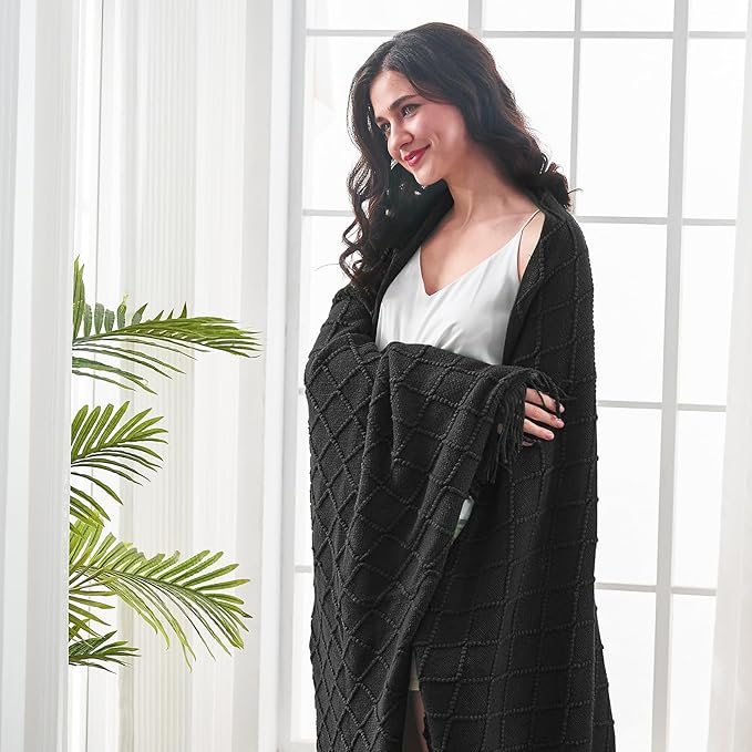 inhand Knitted Throw Blankets for Couch and Bed, Soft Cozy Knit Blanket with Tassel, Black Lightweight Decorative Blankets and Throws, Farmhouse Warm Woven Blanket for Men and Women, 50"x60"-Ruum Studio Home