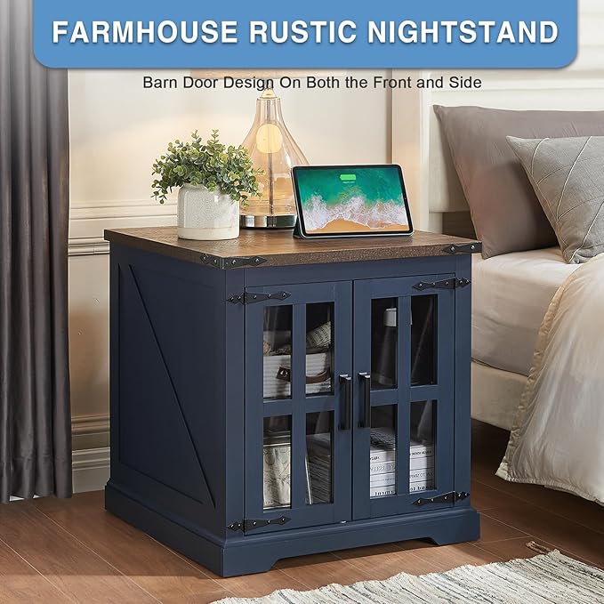 Farmhouse End Table with Charging Station,24" Large Sofa Side Table with Glass Barn Door, Rustic Wood Nightstand Bedside Table with Adjustable Storage Shelf for Living Room, Bedroom, Blue-Ruum Studio Home