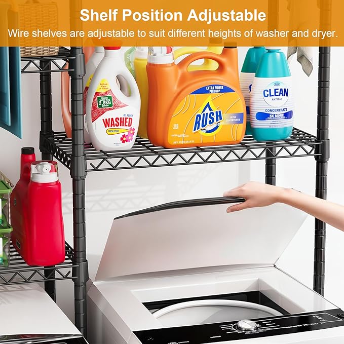 U14 Over Washer and Dryer Storage Shelves, 4 Tiers Laundry Room Storage and Organizer System, Space Saving Clothes Drying Rack with 2 Clothes Hanger Rods, 66.5" W x 20.5" D x 77.4" H, Black-Ruum Studio Home
