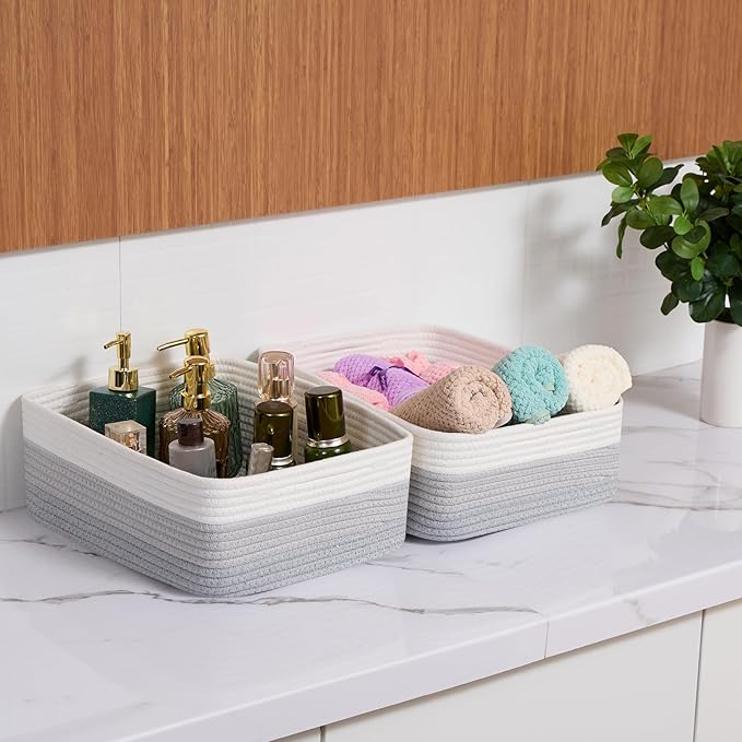 Large Shallow Organizing Baskets 15x11x5.1 Inches - Rope Woven Storage Bins for Bathroom, Shelves, Cube Closet, Gradient Grey 2 Packs-Ruum Studio Home
