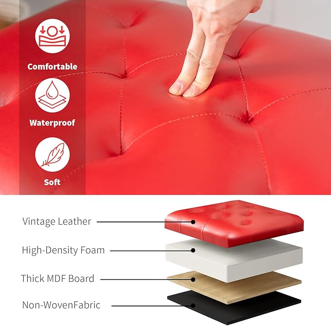 Joveco Leather Storage Ottoman, 24" Rectangle Square Bench Foot Rest Stool for Bedroom Living Room, Red-Ruum Studio Home