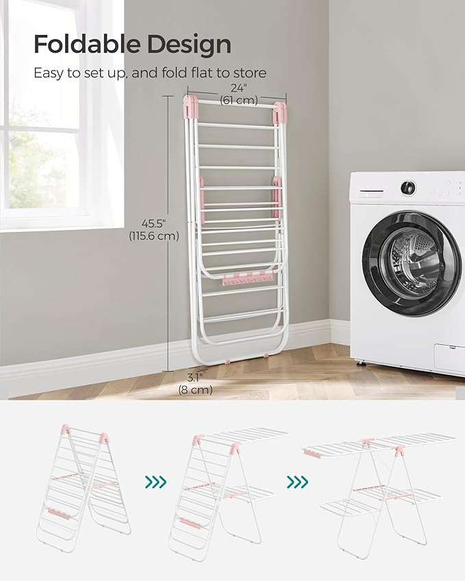 SONGMICS Clothes Drying Rack, Foldable 2-Level Laundry Drying Rack, Free-Standing Laundry Airer, with Height-Adjustable Wings, 33 Drying Rails, Sock Clips, White and Pink ULLR053P01V1-Ruum Studio Home