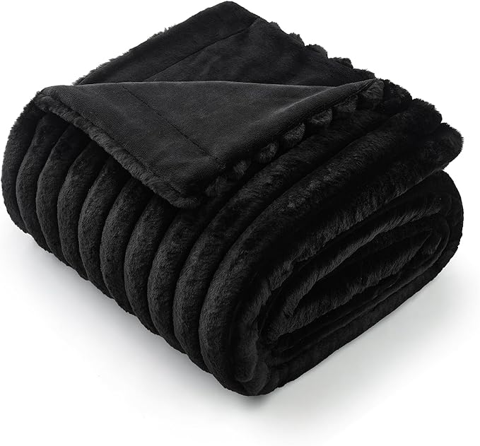 Amélie Home Faux Fur Throw Blanket for Couch, Cozy Fuzzy Fluffy Fur Luxurious Soft Striped Plush Gift Blankets for Family Sofa Chair Bed Living Room Bedroom, 55"x70", Black-Ruum Studio Home