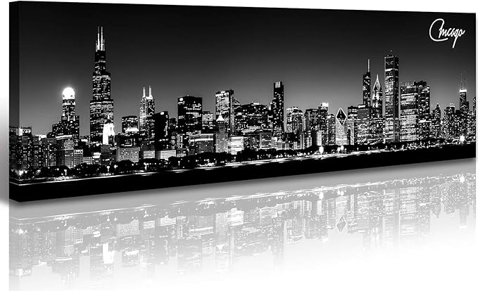 Office Wall Decor Black and White Wall Art Chicago Skyline Pictures for Living Room Modern Large Canvas Print Artwork Stretched and Framed 13.8"X47.3"-Ruum Studio Home