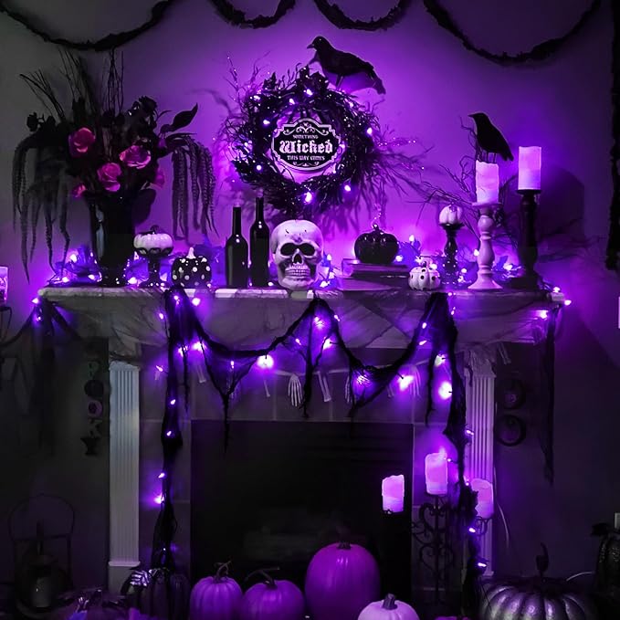 Halloween Horror Atmosphere Lights, Orange&Purple LED String Lights with 9.9FT Creepy Black Gauze, Battery Powered with Timer & 8 Flashing Modes (Purple)-Ruum Studio Home