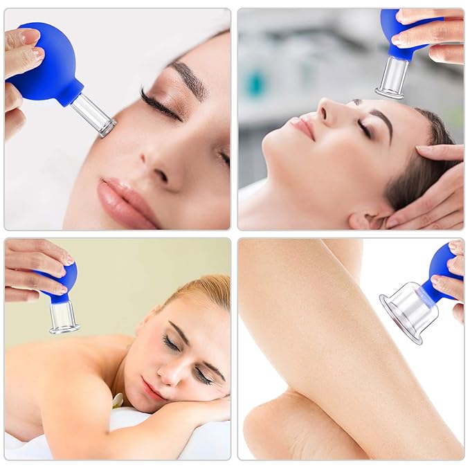 4 Size Facial Cupping Therapy Set Glass, Eye Face Vacuum Massage Anti Cellulite Cup - Silicone Cupping Massage Therapy, for Beauty Body Cup Fascia Massager (Gift Box Packaging-Blue)-Ruum Studio Home