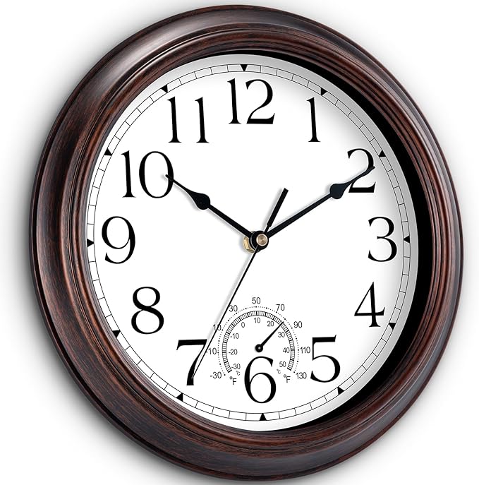 12 Inch Outdoor Wall Clock with Thermometers, Vintage Silent Wall Clocks Battery Operated, Retro Non-Ticking Clock Decorative for Living Room, Patio, Kitchen, Office, Bathroom, Bedroom(Bronze)-Ruum Studio Home