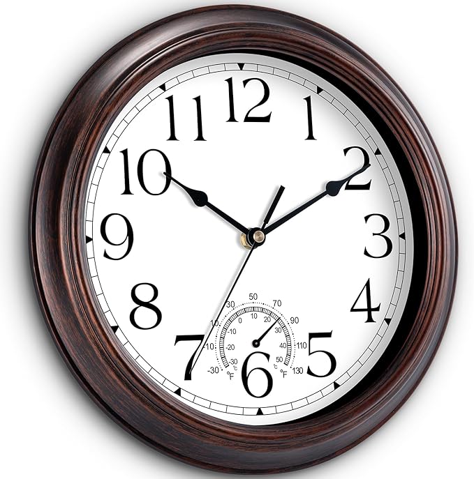 14 Inch Outdoor Wall Clock with Thermometers, Vintage Silent Wall Clocks Battery Operated, Retro Non-Ticking Clock Decorative for Living Room, Patio, Kitchen, Office, Bathroom, Bedroom(Bronze)-Ruum Studio Home