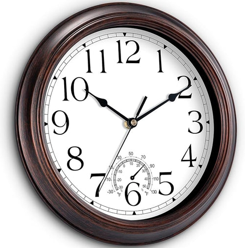 10 Inch Outdoor Wall Clock with Thermometers, Vintage Silent Wall Clocks Battery Operated, Retro Non-Ticking Clock Decorative for Living Room, Patio, Kitchen, Office, Bathroom, Bedroom(Bronze)-Ruum Studio Home