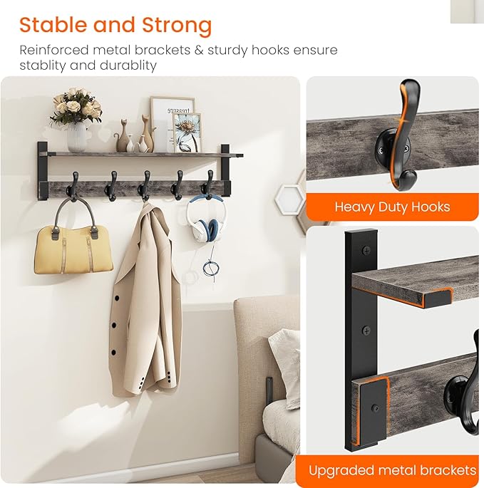 Homode Coat Rack Wall Mount with Shelf, 29 Inch Wood Wall Shelf with Hooks, Entryway Coat Hanger Wall Mount with 5 Hangers for Bathroom, Bedroom, Living Room, Grey-Ruum Studio Home
