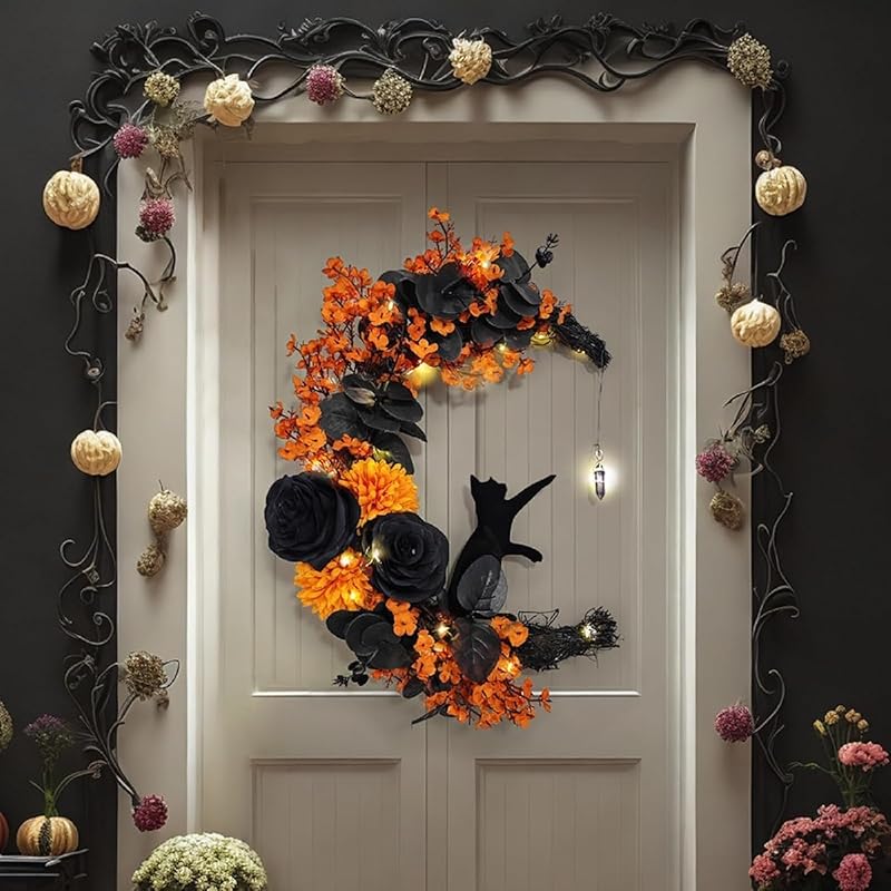 Halloween Wreaths for Front Door with Light, Black Cat Crescent Moon Wreath, Cute Cat Garland Halloween Door Decorations for Outdoor Indoor Decor Wall Window Home Party-Ruum Studio Home