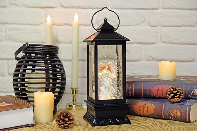 Eldnacele Musical Singing and Lighted Plug-in & Battery Operated Lighted Christmas Water Glittering Snowing Globe Christians Church Lantern for Home Decoration Angel-Ruum Studio Home