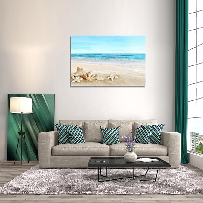 DZL Art S73981 Beach Picture Decor Ocean Painting Canvas Wall Art Prints of Starfish and Seashell on Sandy Seaside Ready to Hang for Living Room Bedroom Office Wall Decor Home Decoration-Ruum Studio Home