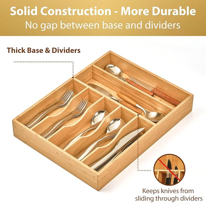 Umilife Bamboo Kitchen Drawer Organizer, 13 Inch Silverware Utensil Tray Holder, Extra Deep Grooved Drawer Divider, 7 Slots Total Bamboo Wood Caddy for Flatware Cutlery Knives, Forks, Spoons-Ruum Studio Home