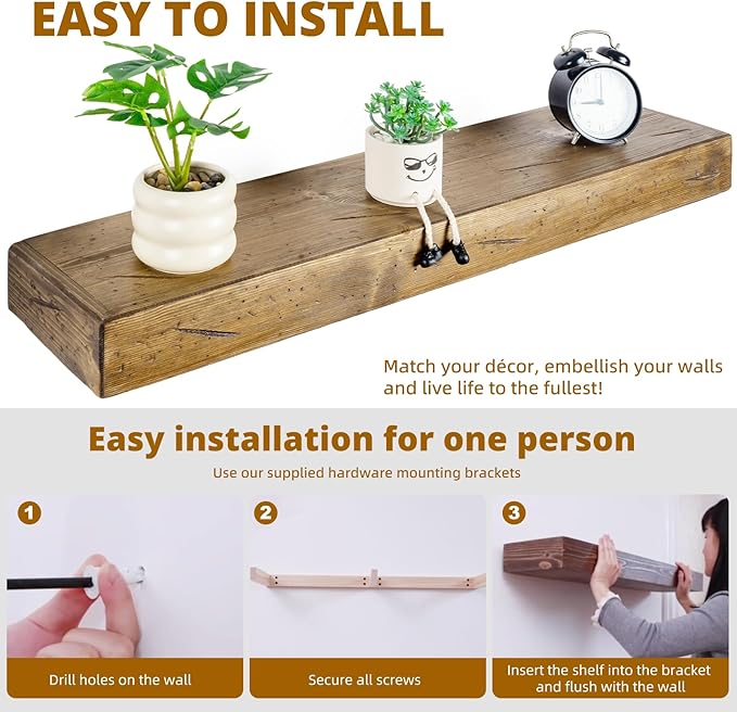 Floating Shelves 3 inch Thick for Wall Set of 2,Solid Pine Wood Wall Mount Shelf for Kitchen Living Room Bedroom Bathroom,8" D x 24" L x 3" H-Distressed Black Walnut-Ruum Studio Home