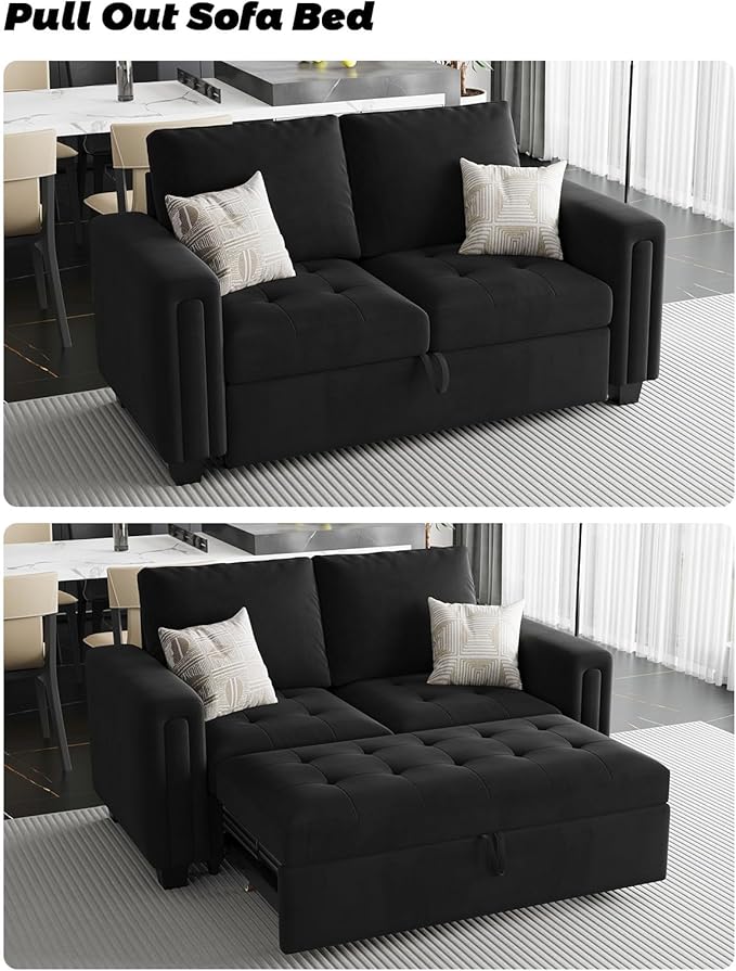 Belffin Modular Sectional Sleeper Sofa with Pull Out Couch Bed Modular Sleeper Loveseat Sectional Sofa Velvet Fabric for Living Room Apartment Black-Ruum Studio Home