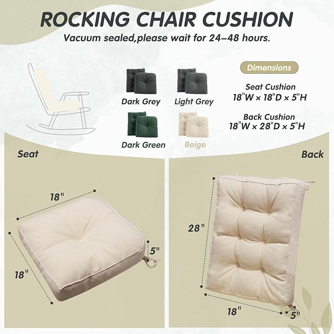 YZ HOME Rocking Chair Cushion, Set of Thicken Seat & Back Chair Cushions with Memory Foam, Non-Slip Chair Pad with Ties for for Indoor&Outdoor Rocker, Beige, 28 * 18 * 5/18x18x5-Ruum Studio Home