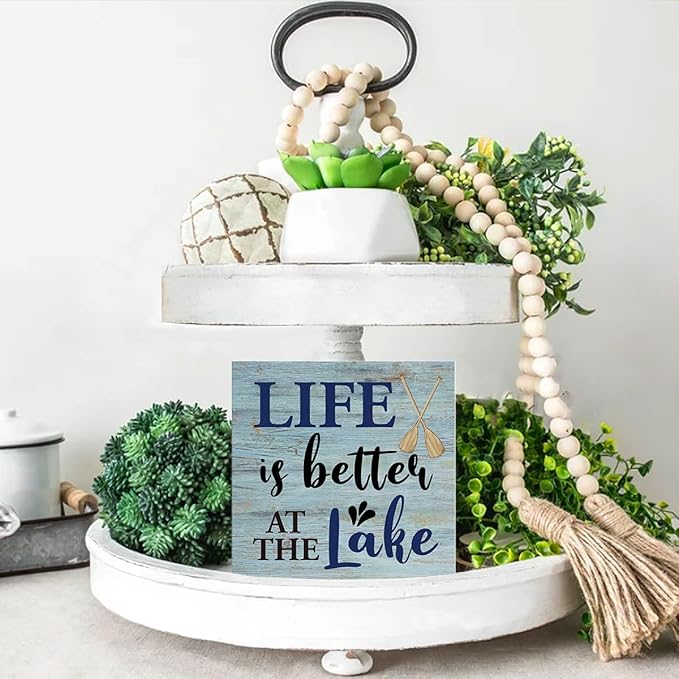 Lake House Decor Summer Lake Decorations Lake Life Wooden Sign Rustic Home Decor 5 x 5 Inches-Ruum Studio Home