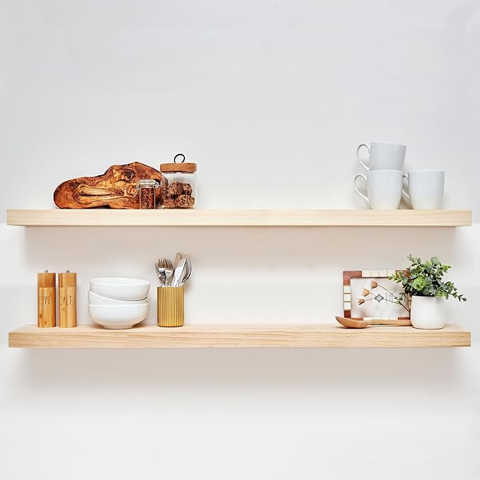 Homeforia Wood 48 inch Floating Shelf, High End Solid Natural Wood 48inch Floating Shelves for Wall Mounted, Unfinished Wooden Large Floating Shelves, Heavy Duty Bracket, 48 X 6.5 X 1.75 in, Set of 2-Ruum Studio Home