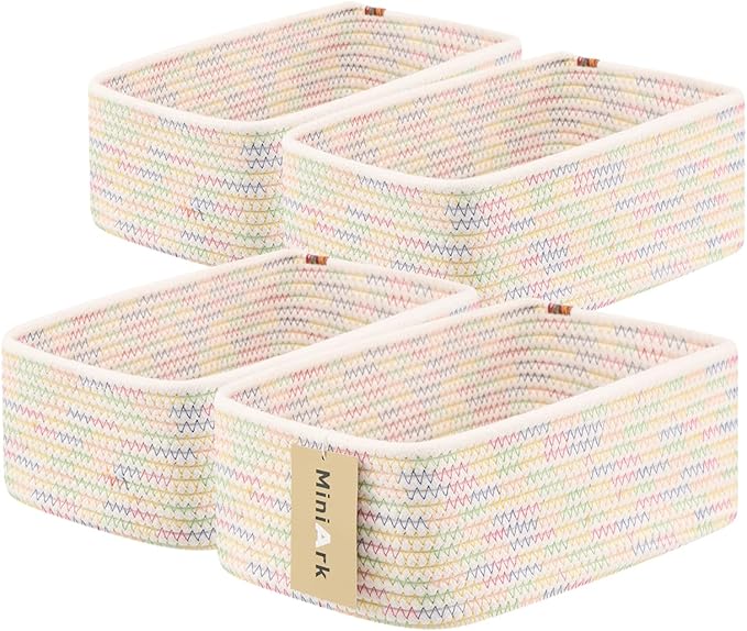 Small Storage Baskets for Organizing | Closet Organizer Bins | Shelf Toy Basket | Woven Rope Baskets | Cube Decorative Box | Shallow Basket | 11.5x7.5x4.7” | 4 Packs Rainbow-Ruum Studio Home