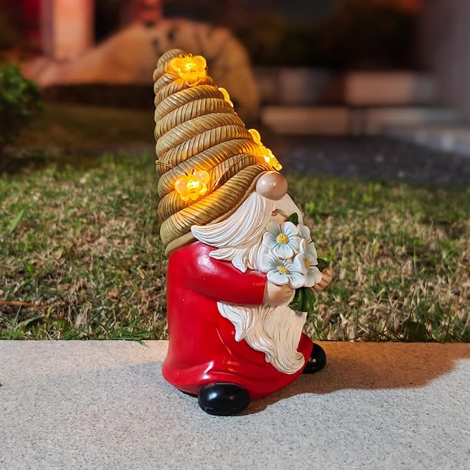 Outdoor Garden Gnomes Statue, Bee Flower Gnome Sculpture, with Solar LED Lights for Yard, Patio, Lawn Ornaments for Garden, Patio Gnome Gifts for Mom-Ruum Studio Home