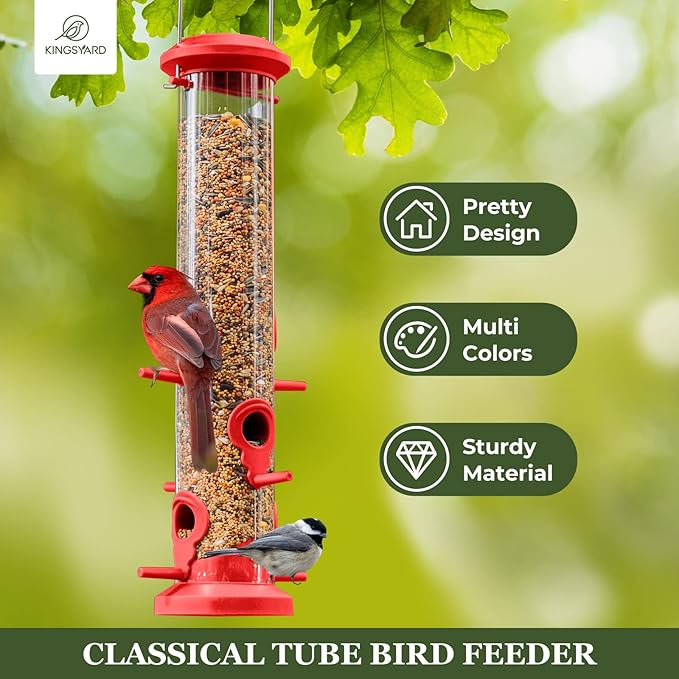 Kingsyard 2 Pack Tube Bird Feeders for Outdoors Hanging, Premium Hard Plastic Bird Feeder with 6 Feeding Ports, Weatherproof & Steel Hanger, Attracting for Wild Birds (Red)-Ruum Studio Home