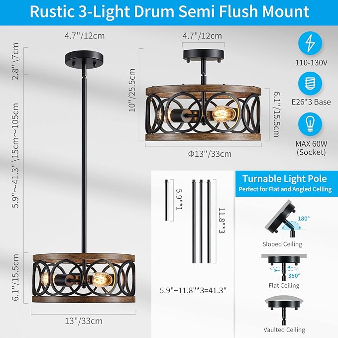 XINGQI Black Ceiling Light Adjustable Height Chandelier Modern Farmhouse Pendant Lighting Fixture Wood Grain Metal 13" Rustic Round Lights for Dining Room Kitchen Bedroom Entryway-Ruum Studio Home