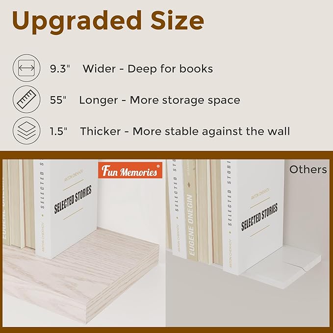 Floating Shelves 55 Inch Long, 55"W x 9"D Wall Shelf Invisible Bracket, 9 Inch Deep Floating Shelf for Wall, Rustic Wooden Shelves for Living Room, Kitchem, Bedroom, Brich Color, Set of 1-Ruum Studio Home