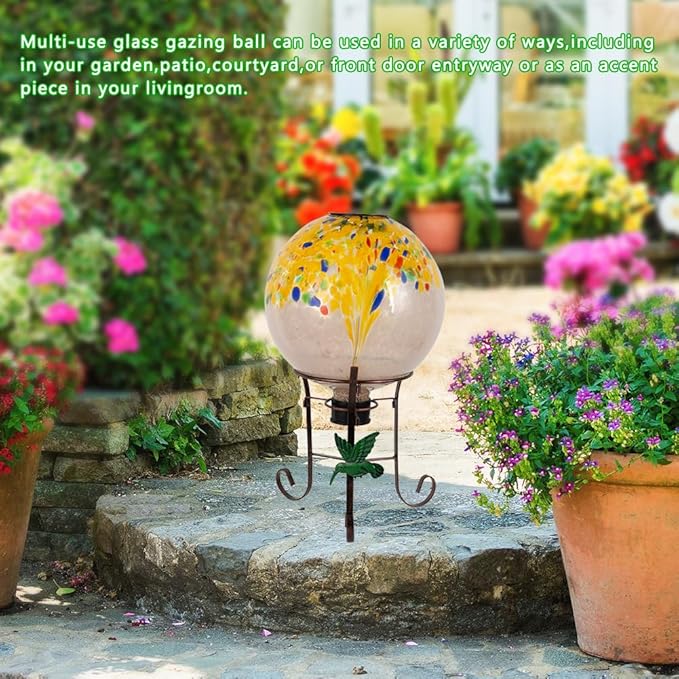 10" Diameter Solar Gazing Ball and 8.5" Metal Stand Indoor Outdoor Yard Art Ornament Coloful Spot Glass Globe Sphere Solar Gazing Balls for Garden,Lawn,Porch,Patio Birthday Gifts for Women,Mom-Ruum Studio Home