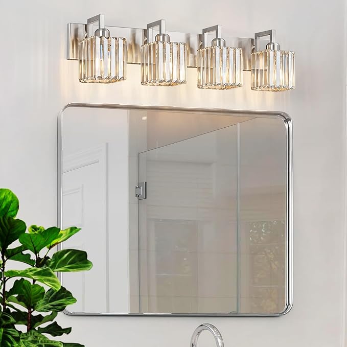 Modern Bathroom Vanity Light 4-Lights Brushed Nickel Vanity Light Crystal Wall Light Bathroom Light Fixtures-Ruum Studio Home