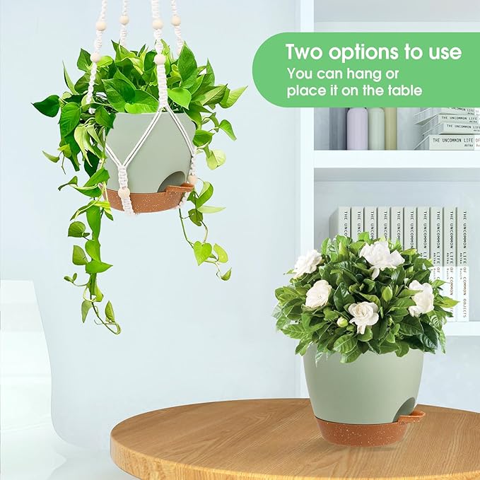 Hanging Planters for Indoor Outdoor Plants, 2 Pack Self Watering Hanging Pot with Drainage Holes, Removable Tray & 2 Kinds of Plant Hangers, 8'' Hanging Flower Pots for Home Garden Decor, Green-Ruum Studio Home