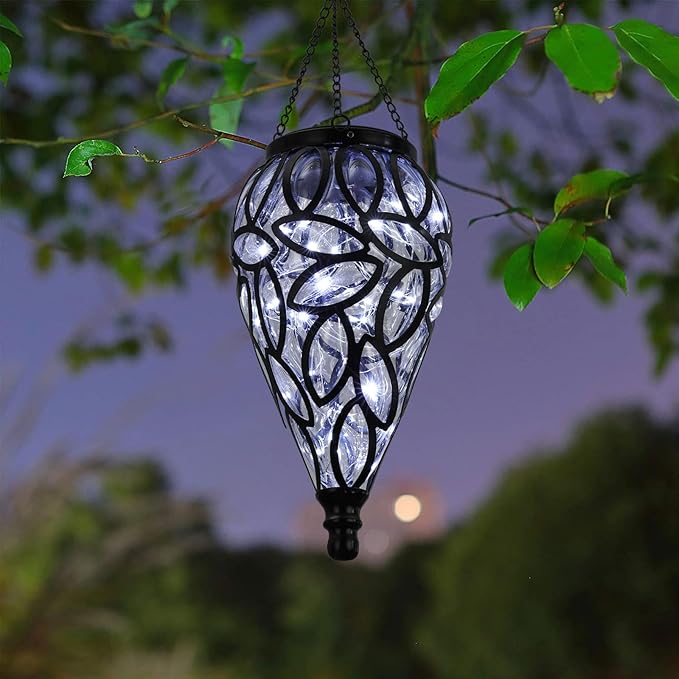 SUNNYPARK Outdoor Plastic Solar Hanging Lantern, 15 Cool White LEDs Twinkle Effect Tear-Shaped Hanging Lantern Decor Garden Decorative Solar Lights for Backyard, Patio and Lawn-Ruum Studio Home