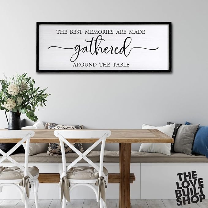 The Best Memories are Made Gathered Around The Table Sign Framed Wall Art, 40''×15'' Rustic Horizontal Plaque with Black Frame for Dinning Living Room, Long Home Family Wood Sign Wall Decor-Ruum Studio Home