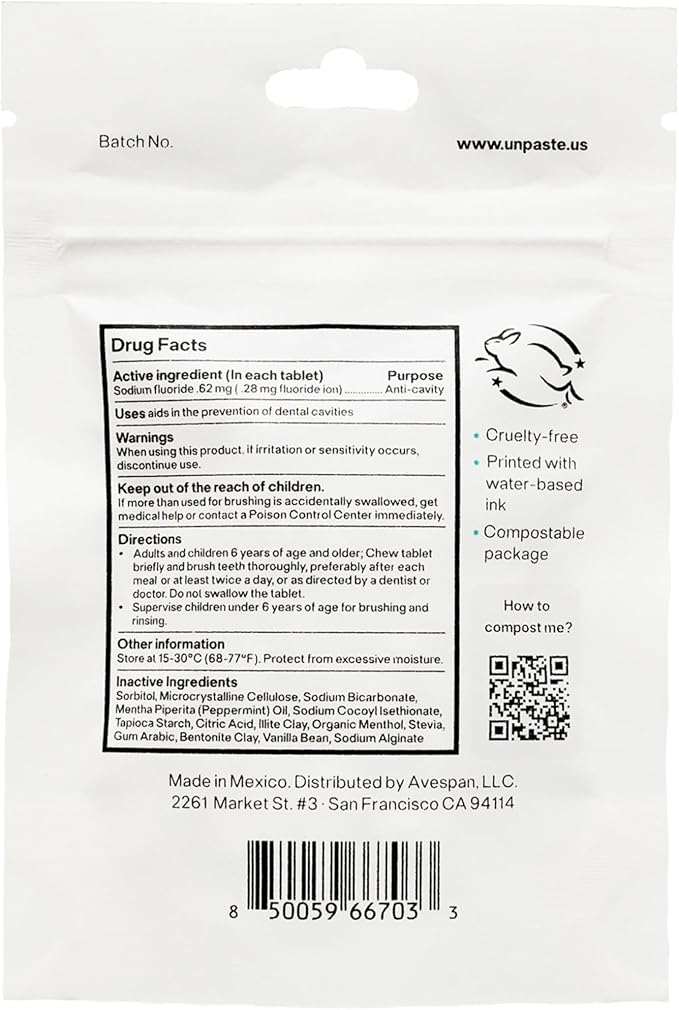 New Formula, Unpaste Toothpaste Tablets, Fluoride Mint, Xylitol Free, Vegan, Plastic Free, Travel-Friendly, Resealable Packet, 125ct, 2 Month Supply-Ruum Studio Home