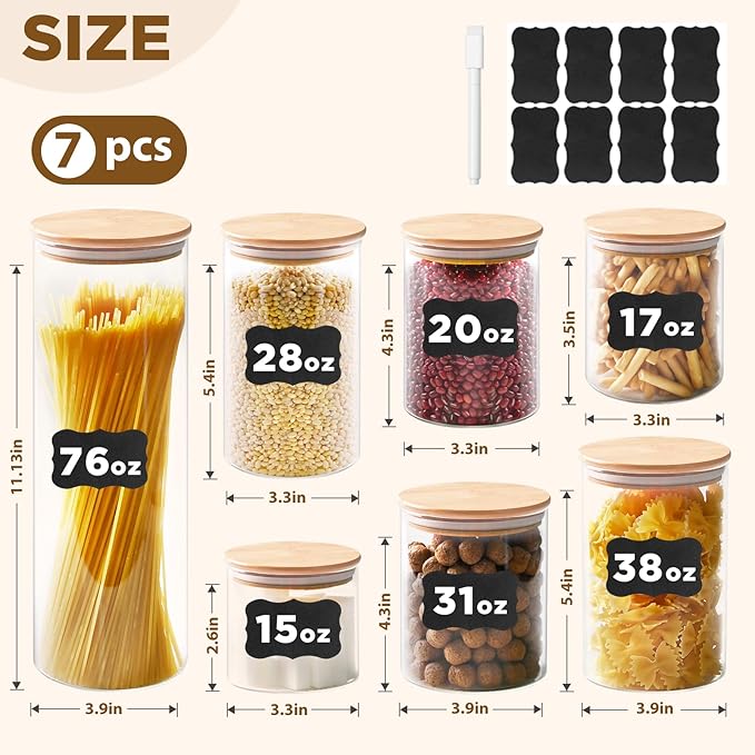 Glass Food Storage Jars, Glass Jars with Bamboo Lids, Kitchen Storage Jars, Canisters with Airtight Lids for Spice, Coffee, Cookie, Set of 7, Pantry Organizers-Ruum Studio Home