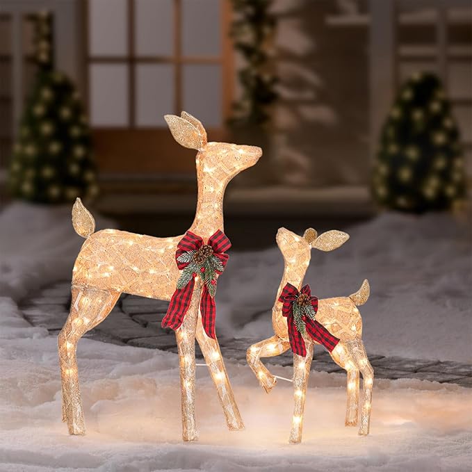 2 Pcs Reindeer Christmas Decoration, Xmas Lighted Golden Shimmering Doe and Fawn Display Set with 105 Warm White Lights for Yard Lawn Indoor Outdoor-Ruum Studio Home