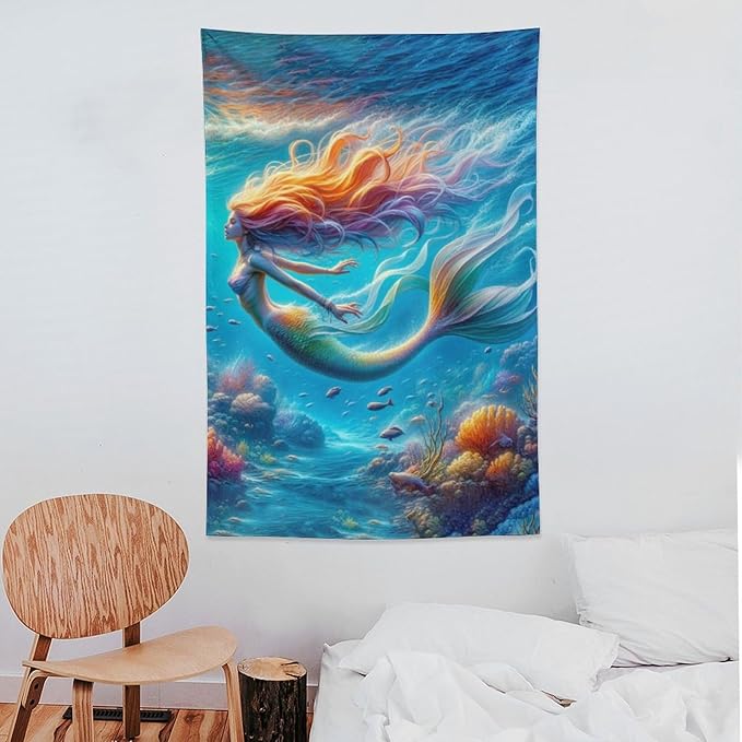 Mermaid Tapestry Ocean Tapestries Coastal Fabric Wall Hanging Aesthetic Space Indoor Outdoor Wall Art Tablecloth Bedspread Decoration for Girl’s Bedroom Dormitory Living Room Home Decor 40"x60"-Ruum Studio Home