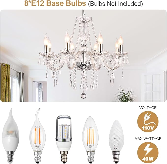 Modern Elegant 8 Lights K9 Crystal Glass Chandelier Pendant Ceiling Lighting European Style for Dining Living Room Bedroom Transparent, 8 E12 Bulbs Required-Ruum Studio Home