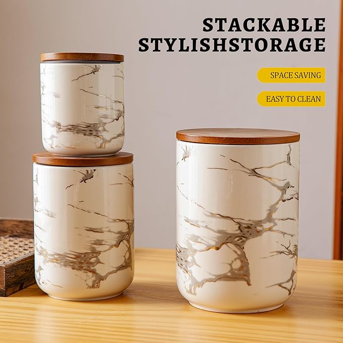 Ceramic Canister Set with Bamboo Airtight Lids, 3-Piece Kitchen Storage Jars (48oz, 30oz, 12oz) – White with Gold Marble Pattern, Glossy Finish, for Coffee, Sugar, Flour & More-Ruum Studio Home