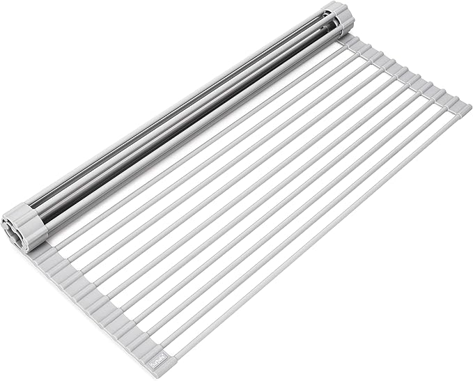 Surpahs Over Sink Foldable Multipurpose Roll-Up Dish Drying Rack, Silicone Wrapped Stainless Steel, Warm Gray, 20.5" x 15.5"-Ruum Studio Home