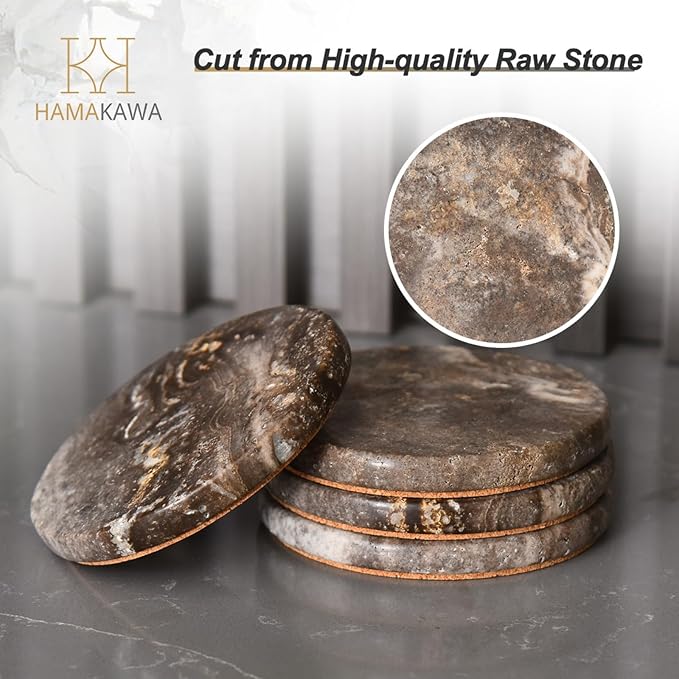 Marble Coasters Set of 4, Natural Gray Stone 4 Inch/10 cm, Modern Round Travertine Drink Coasters for Home Decor, Coffee Table, Office-Ruum Studio Home