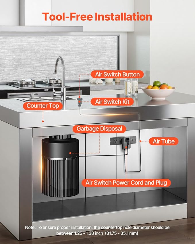 VEVOR Garbage Disposal Air Switch Kit, 2.5" Sink Top Air Switch for Food Waste Disposal, Polished Stainless Steel ON/OFF Air Push Button for Waste Disposer - Suitable for Stainless Steel Countertops-Ruum Studio Home