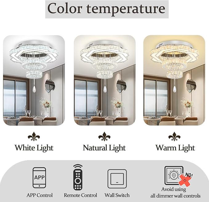 Flashing God Modern Crystal Chandeliers Dia 24" Silver Chandelier Flush Mount Ceiling Light for Bedroom Living Room Dining Room Hallway Dimmable 3 Rings LED Celing Lighting Fixtures-Ruum Studio Home